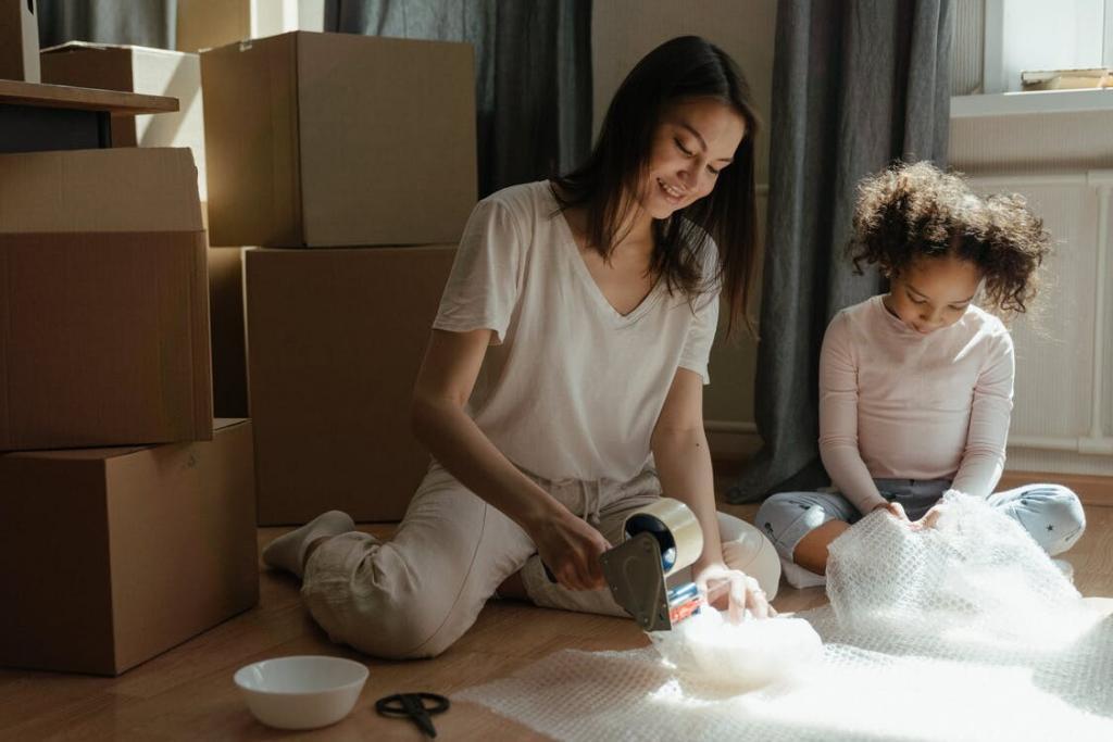 Mother and a kid packing things for a move